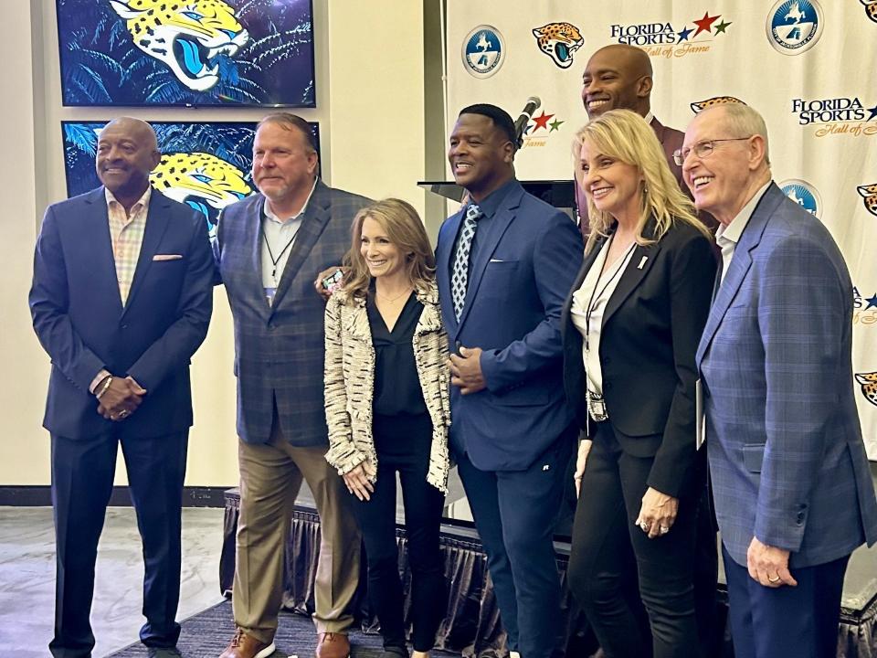 The Class of 2023 for the Florida Sports Hall of Fame appeared at a reception on Nov. 7 at the EverBank Stadium West Club. From the left are NFL punter Greg Coleman, Chipola College baseball coach Jeff Johnson, Olympic gymnast Shannon Miller, Pro Football Hall of Fame safety LeRoy Butler, NBA star Vince Carter, jet drag racer Elaine Larsen and two-time Super Bowl winning coach Tom Coughlin.