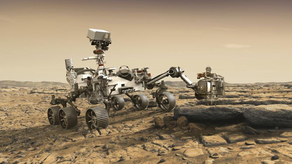 An artist's rendering of the Perseverance rover, made of metal with six small wheels, a camera and a robotic arm.