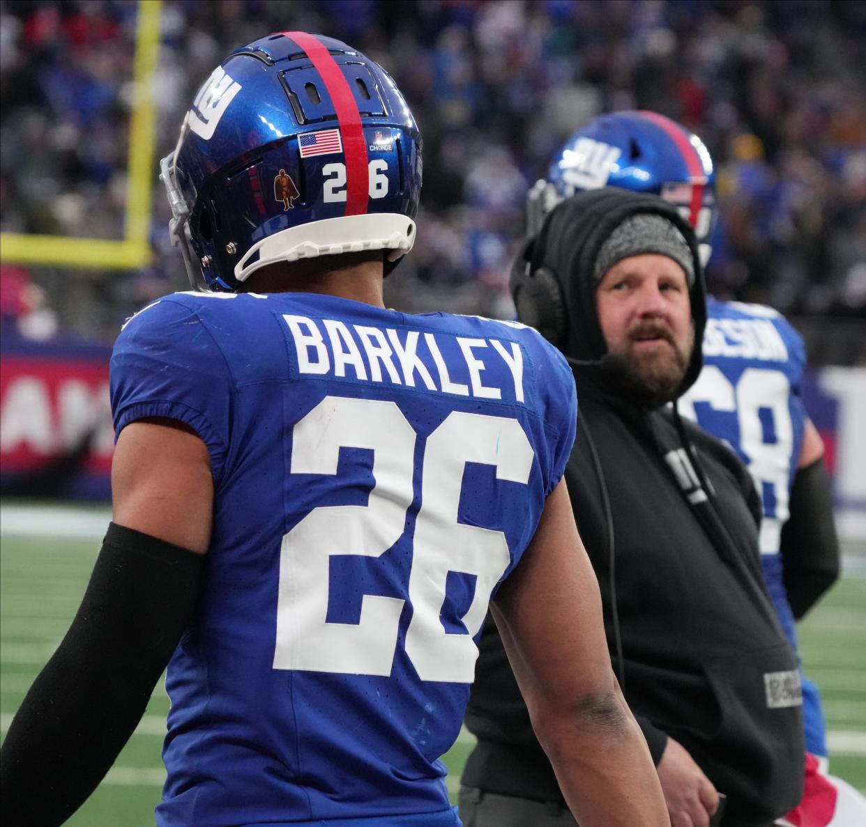 East Rutherford, NJ — December 31, 2023 -- Giants head coach Brian Daboll after Saquon Barkley of the Giants missed a catch for a two point conversion which would have given the Giants the lead late in the game. The Los Angeles Rams edged the New York Giants 26-25 on December 31, 2023 at MetLife Stadium in East Rutherford, NJ.