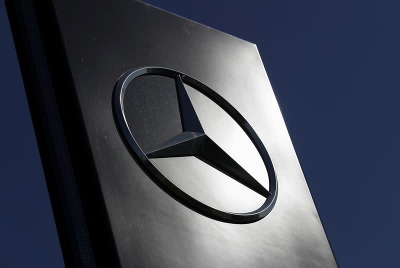 A logo of Mercedes-Benz is seen outside a Mercedes-Benz car dealer, amid the coronavirus disease (COVID-19) outbreak in Brussels