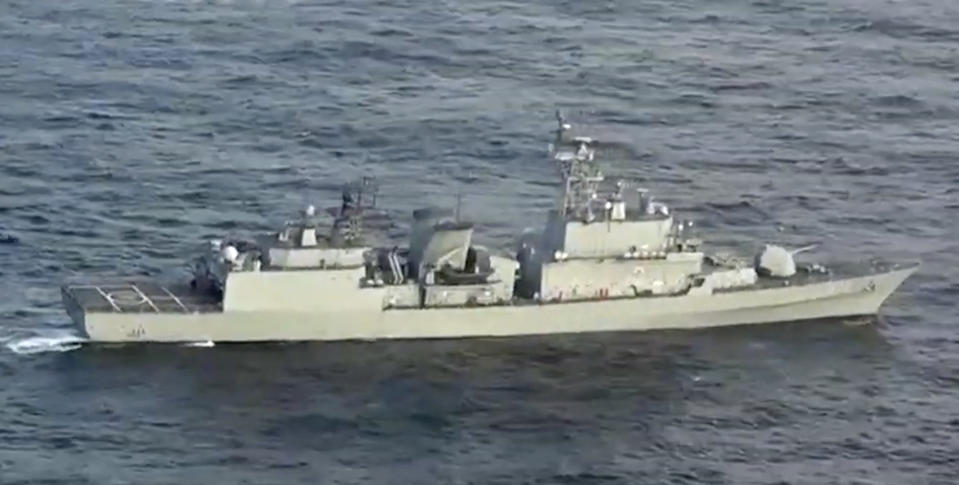 In this image made from video released Friday, Dec. 28, 2018, by the Japan Maritime Self-Defence Force, a South Korean naval warship is seen as it allegedly locks its fire-control radar on a Japanese warplane Friday, Dec. 21, 2018, in the disputed waters north of Japan. (Japan Maritime Self-Defence Force via AP)