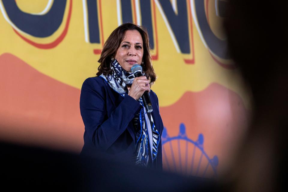 Democratic vice presidential nominee Sen. Kamala Harris speaks during a campaign stop Tuesday in Las Vegas.