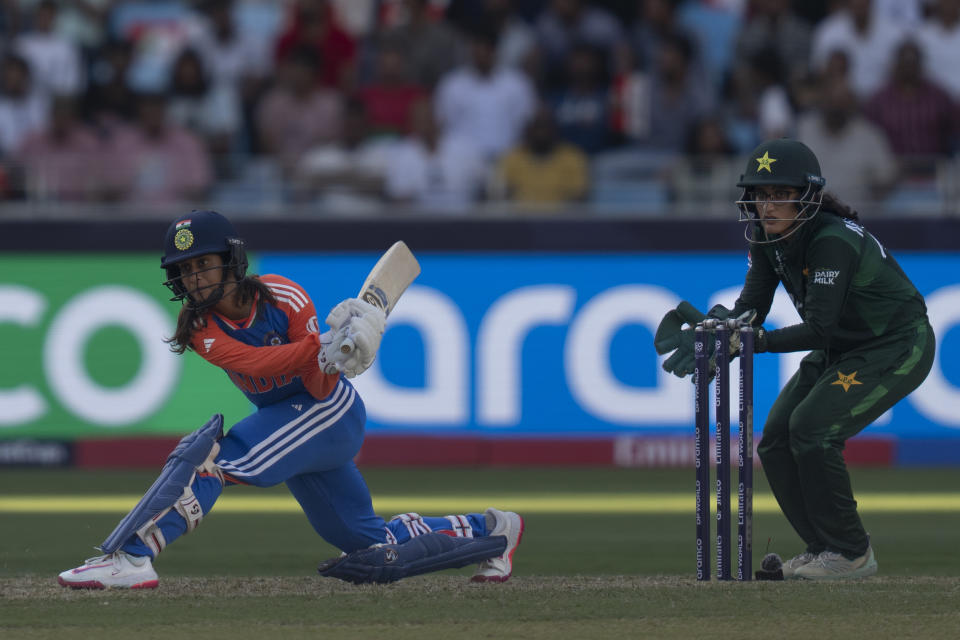 India's Jemimah Rodrigues plays a shot during the ICC Women's T20 World Cup 2024 match between Pakistan and India at Dubai International Stadium, United Arab Emirates, Sunday, Oct. 6, 2024. (AP Photo/Altaf Qadri)