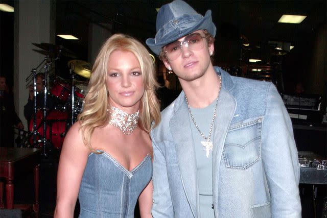 <p>Frank Trapper/Corbis via Getty </p> Britney Spears and Justin Timberlake in January 2001