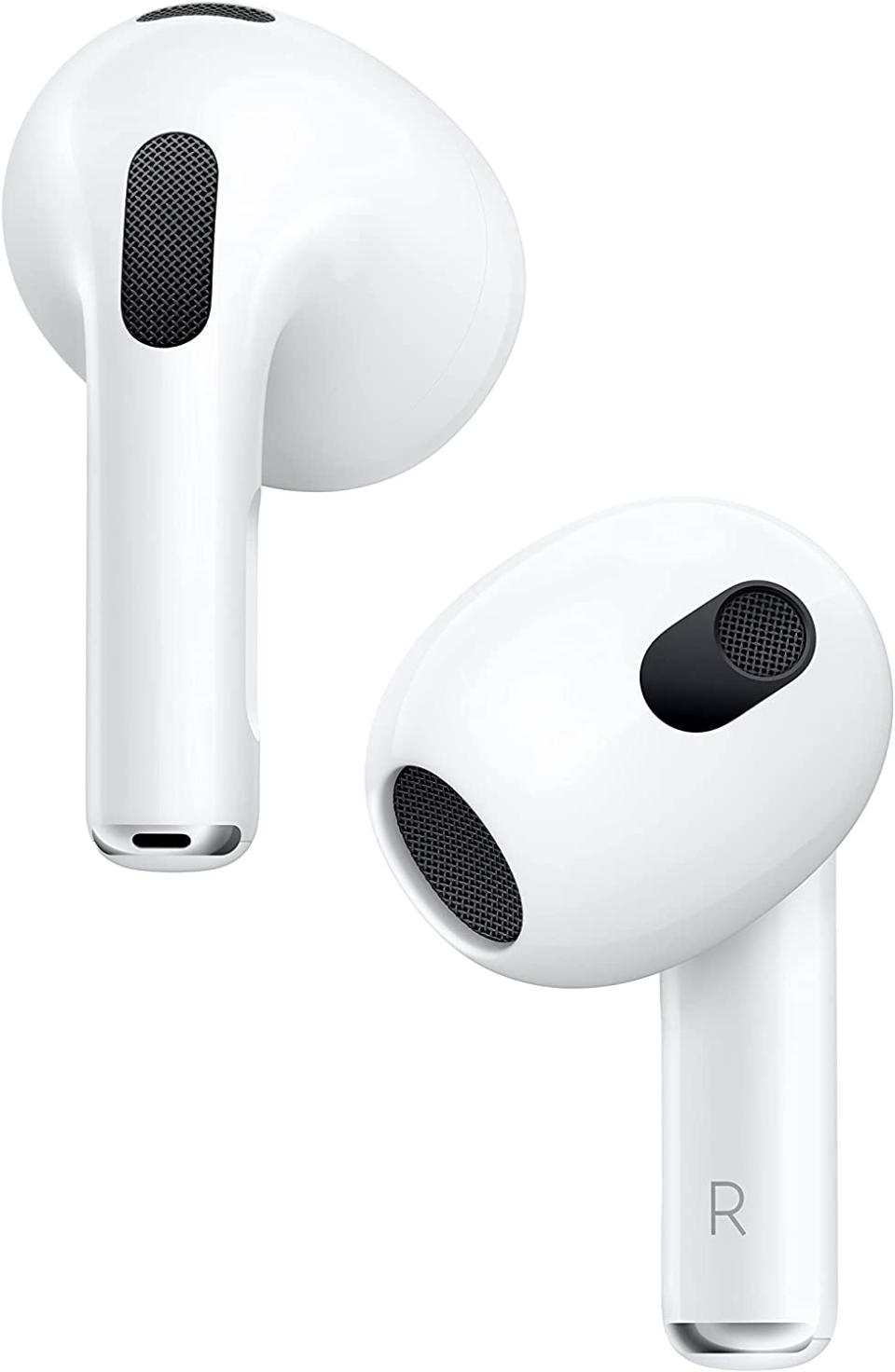 a pair of 3rd generation Apple AirPod wireless earphones on a white background