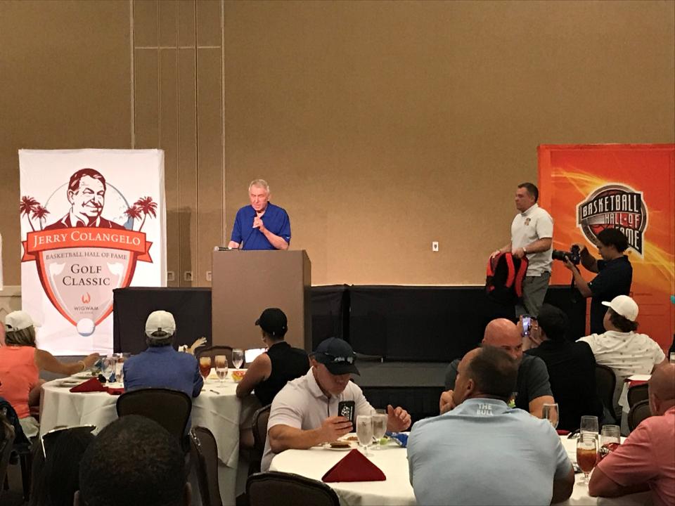 Oct. 7, 2022; Former Phoenix Suns owner Jerry Colangelo speaks at his 11th annual Basketball Hall of Fame's awards luncheon at Wigwam Hotel in Litchfield Park.