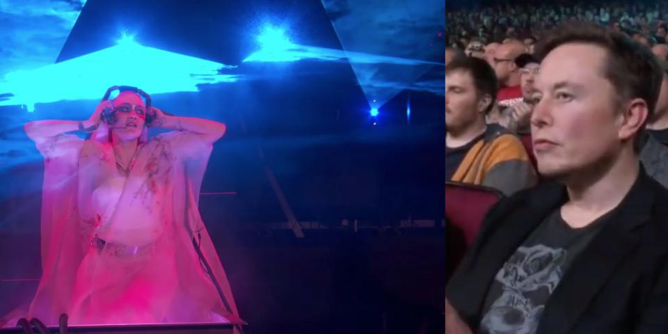Split image: Left - Grimes performs on stage; Right - Elon Musk watches from the audience.