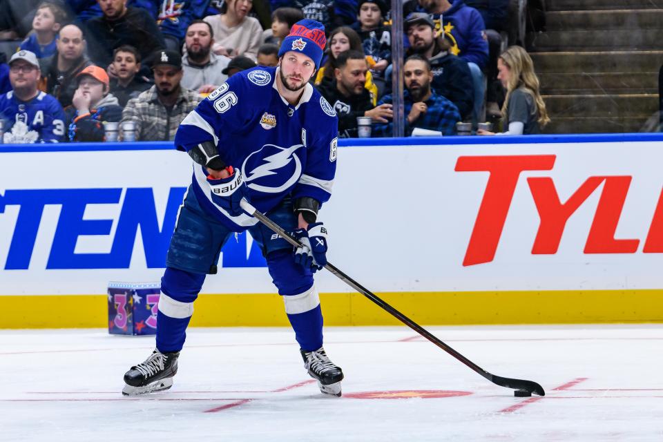 TORONTO, ON - FEBRUARY 02: Tampa Bay Lightning Right Wing Nikita Kucherov (86) passes the puck during the NHL Passing Challenge event of the 2024 NHL All-Star Skills competition at Scotiabank Arena on February 02, 2024 in Toronto, Ontario, Canada. (Photo by Julian Avram/Icon Sportswire via Getty Images)