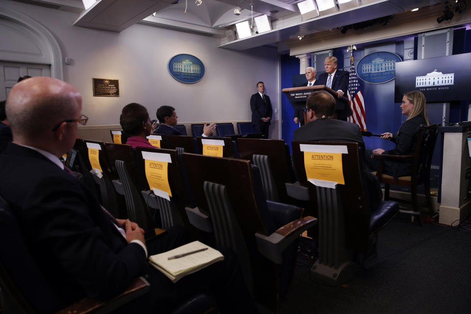 President Donald Trump speaks about the coronavirus in the James Brady Briefing Room, Monday, March 23, 2020, in Washington. (AP Photo/Alex Brandon)