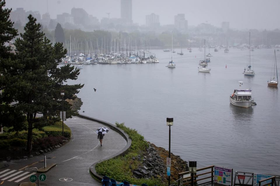 People are pictured during a period of rain in Vancouver, B.C., on Tuesday, May 21, 2024.