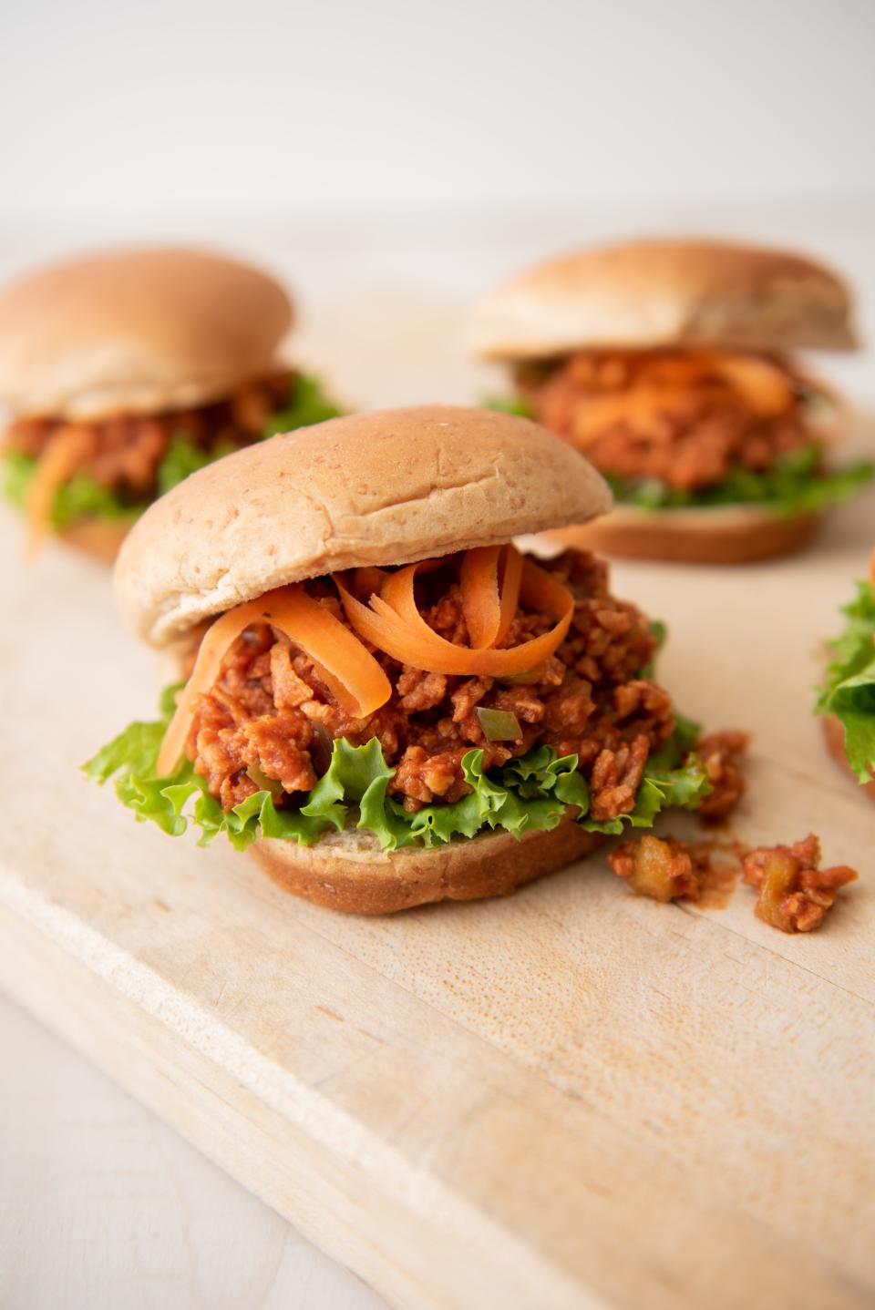 Vegetarian Sloppy Joes use textured vegetable protein in place of beef.