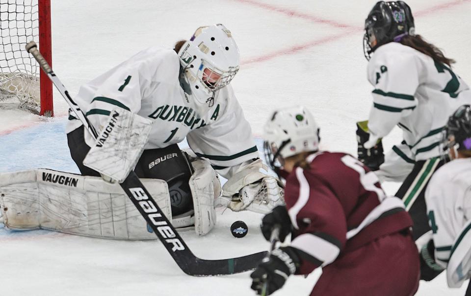 Duxbury with the MIAA State Championship in 4-0 shutout of Falmouth. Dragons goalie Anna McGinty was perfect in goal.


MIAA State Championship Hockey at the TD Garden Sunday March 17, 2024