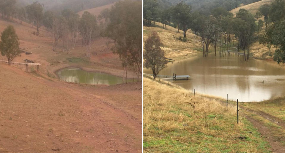 A dam in Orgunbil, NSW is pictured near empty in January and filled up in July after rainfall.