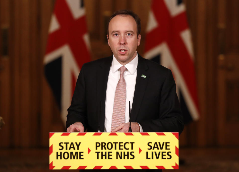 Health Secretary Matt Hancock during a media briefing in Downing Street, London, on coronavirus (COVID-19).