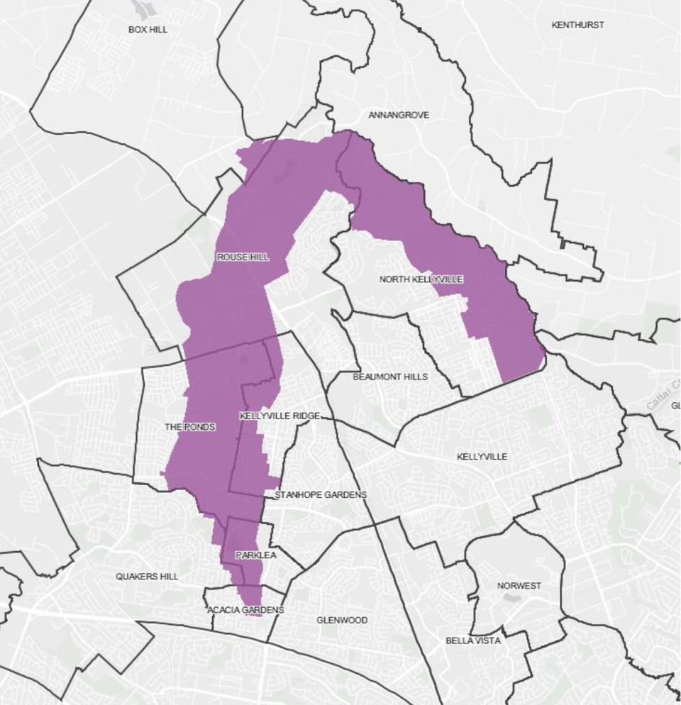 Around 18,500 people in North Kellyville, Rouse Hill,  Rouse Hill, Box Hill, The Ponds, Kellyville Ridge, Parklea, Quakers Hill and Acacia Gardens are being urged to get a Covid test. Source: NSW. Health