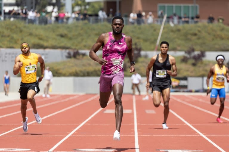 American Rai Benjamin competes in the men's 400m at the Mt. SAC Relays in Walnut, California (ETIENNE LAURENT)