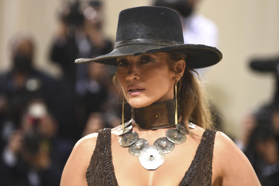 Jennifer Lopez attends The Metropolitan Museum of Art's Costume Institute benefit gala celebrating the opening of the "In America: A Lexicon of Fashion" exhibition on Monday, Sept. 13, 2021, in New York. (Photo by Evan Agostini/Invision/AP)