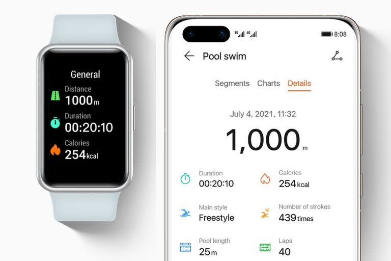 El Huawei Watch Fit tiene una pantalla de 1,64", GPS integrado, seguimiento de actividad física y visualización de notificaciones, aunque no permite agregar aplicaciones nuevas. La batería dura unos cinco días con un uso moderado
