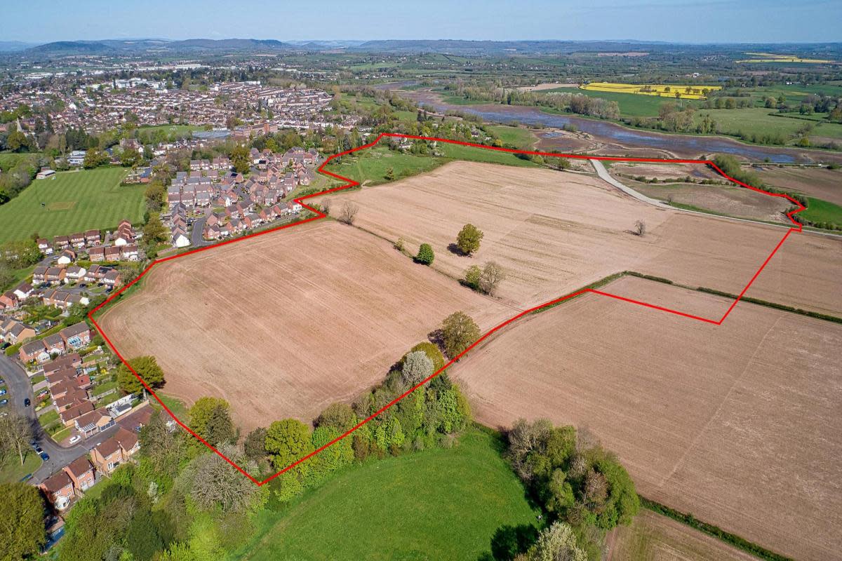 Proposed site (outline in red) of 350 new homes on land south of Ledbury Road, Hereford. <i>(Image: Richard Stanton)</i>