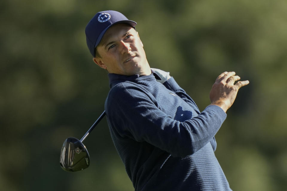 FILE - Jordan Spieth watches his tee shot on the 18th hole during the final round of the Masters golf tournament at Augusta National Golf Club on Sunday, April 9, 2023, in Augusta, Ga. (AP Photo/Charlie Riedel, File)