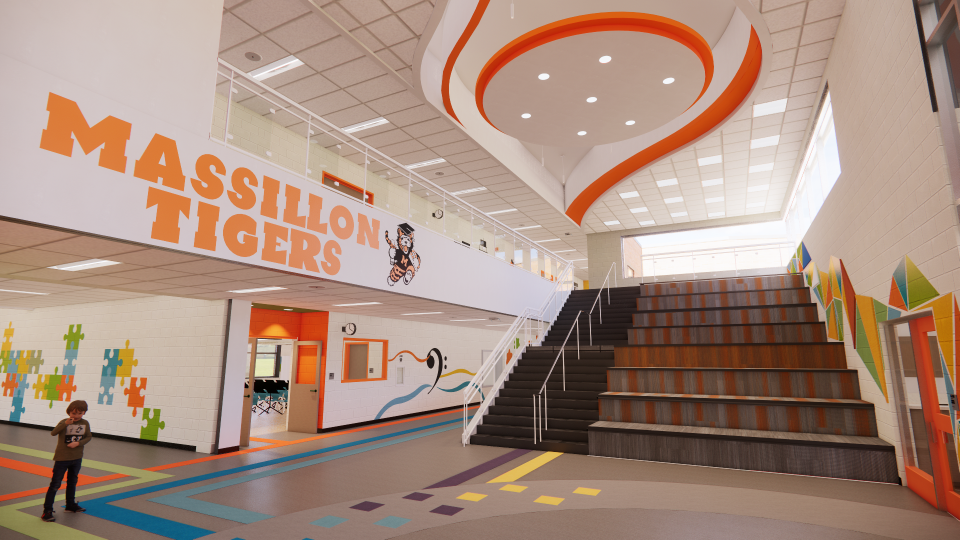 An artist's rendering shows the entrance to the East Elementary School. Massillon City Schools is constructing two new pre-K to third grade elementary schools on the east and west side of town. Construction is set to be completed in June 2025.