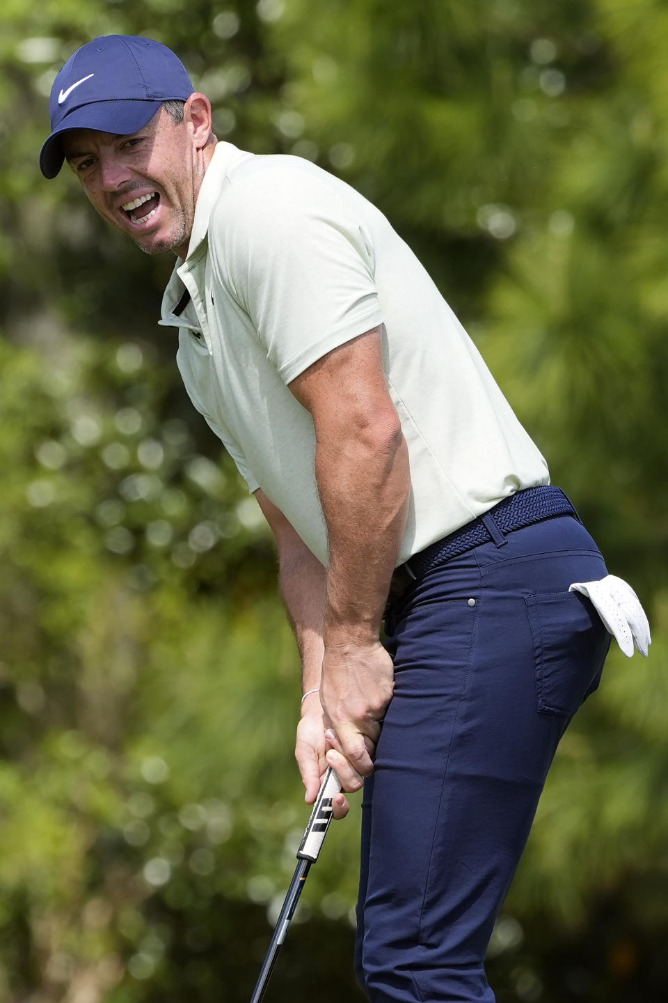 Rory McIlroy, of Northern Ireland, reacts to a missed putt on the second greenduring the final round of The Players Championship golf tournament Sunday, March 17, 2024, in Ponte Vedra Beach, Fla. (AP Photo/Marta Lavandier)