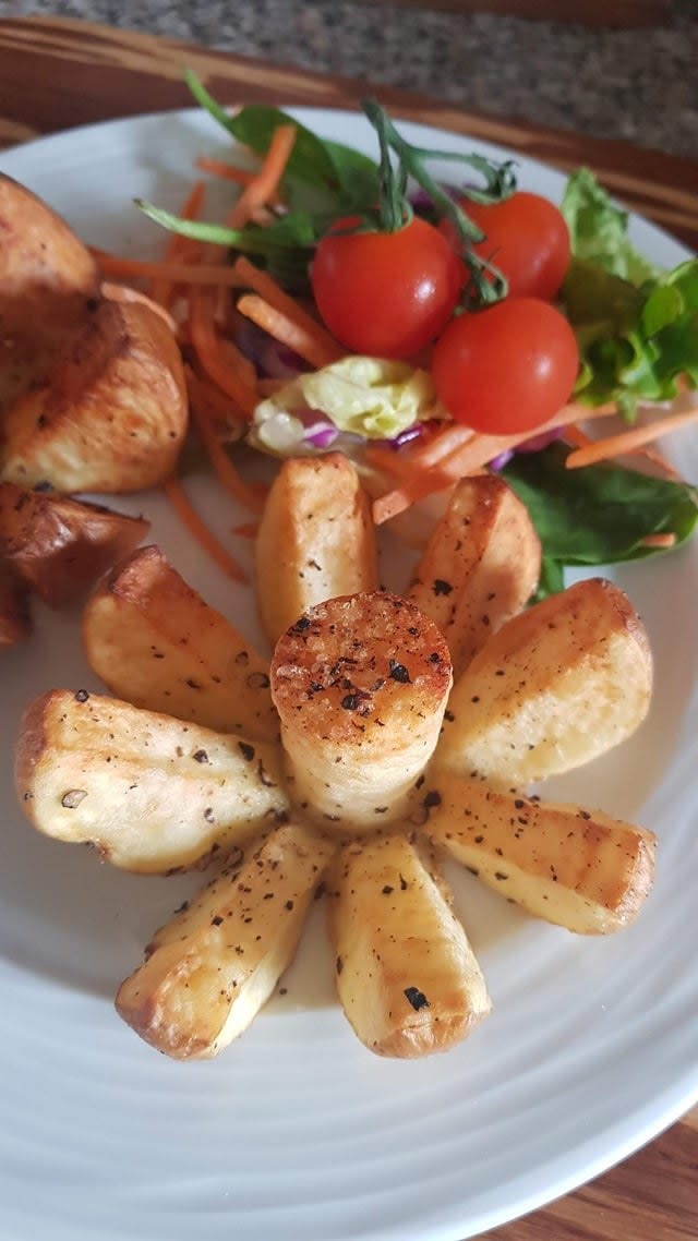 Roasted potatoes and a salad.