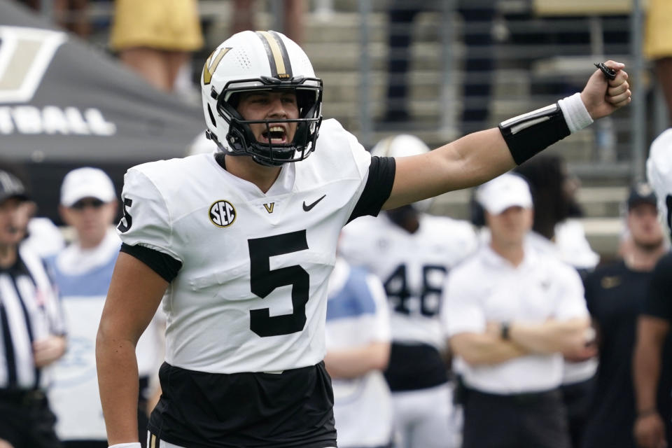 Vanderbilt quarterback AJ Swann (5) calls a play against Wake Forest during the first half of an NCAA college football game in Winston-Salem, N.C., Saturday, Sept. 9, 2023. (AP Photo/Chuck Burton)