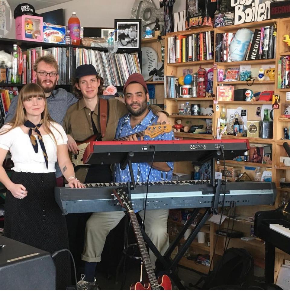 Diarra, right, with Courtney Marie Andrews and band at NPR Tiny Desk concert.