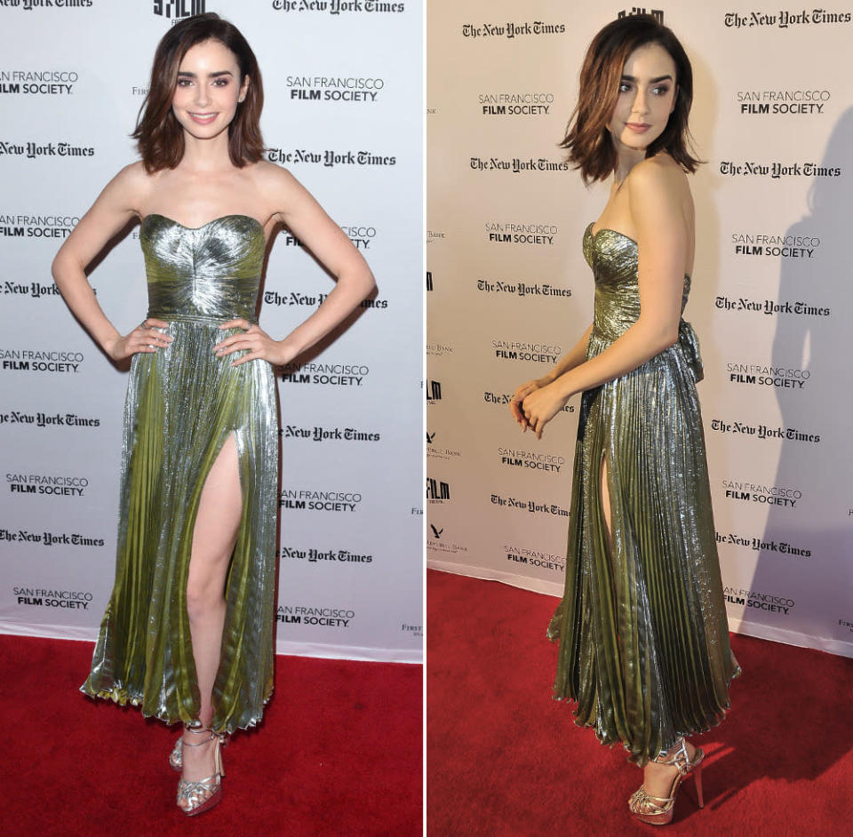 Woche für Woche unsere Style-Queen: Schauspielerin Lily Collins, diesmal auf der „Rules Don’t Apply“-Premiere in San Francisco in einem makellosen Metallic-Look von Maria Lucia Hohan und perfekt abgestimmten Silbersandalen. (21. November 2016, Bilder: Getty Images)