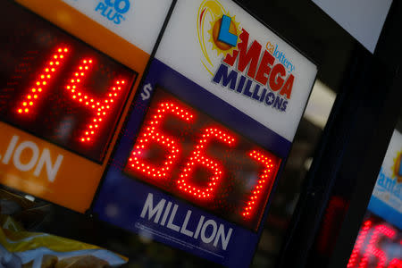 A sign at a gas station shows the current record breaking $667 million U.S. Mega Millions jackpot in Encinitas, California, U.S. October 16, 2018. REUTERS/Mike Blake