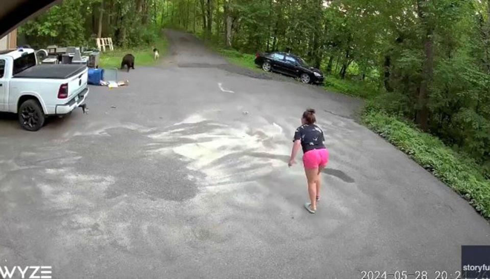 Bailey Jacobson chasing her dog and a bear