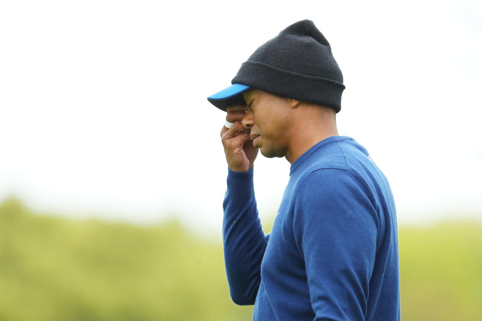 BETHPAGE, NEW YORK - MAY 13: Tiger Woods of the United States looks on during a practice round prior to the PGA Championship at Bethpage Black on May 13, 2019 in Bethpage, New York. (Photo by Warren Little/Getty Images)