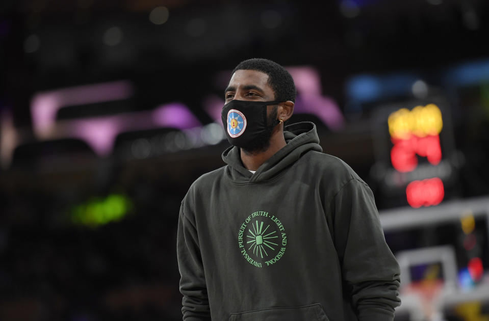 LOS ANGELES, CA - OCTOBER 03: Kyrie Irving #11 of the Brooklyn Nets during a pre season game against the Los Angeles Lakers at Staples Center on October 3, 2021 in Los Angeles, California. NOTE TO USER: User expressly acknowledges and agrees that, by downloading and/or using this Photograph, user is consenting to the terms and conditions of the Getty Images License Agreement. (Photo by Kevork Djansezian/Getty Images)