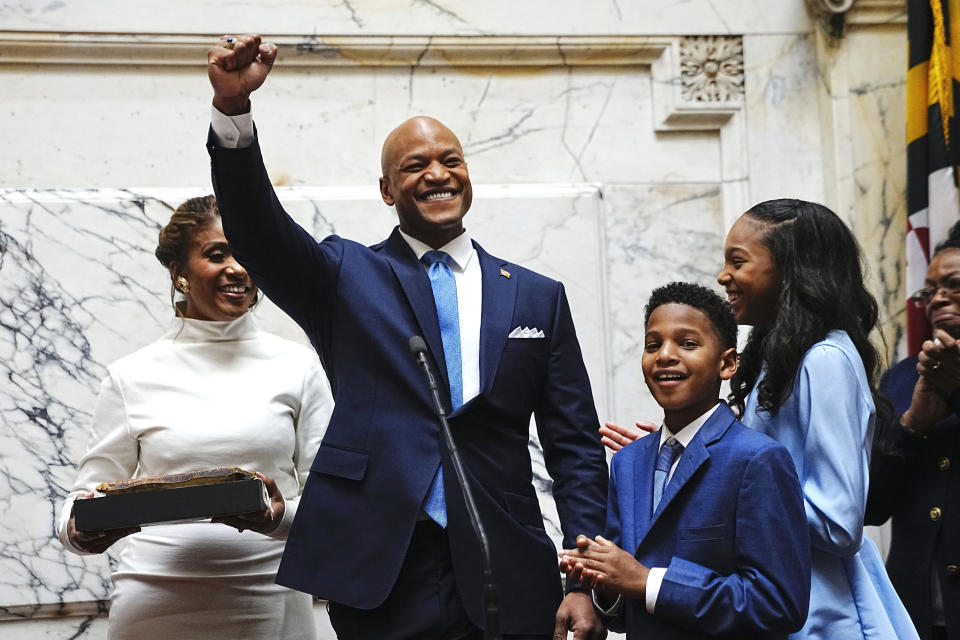 Maryland Governor Wes Moore celebrates after being sworn in as the 63rd governor of the state of Maryland in Annapolis, Md., Wednesday, Jan. 18, 2023. (AP Photo/Bryan Woolston, Pool)