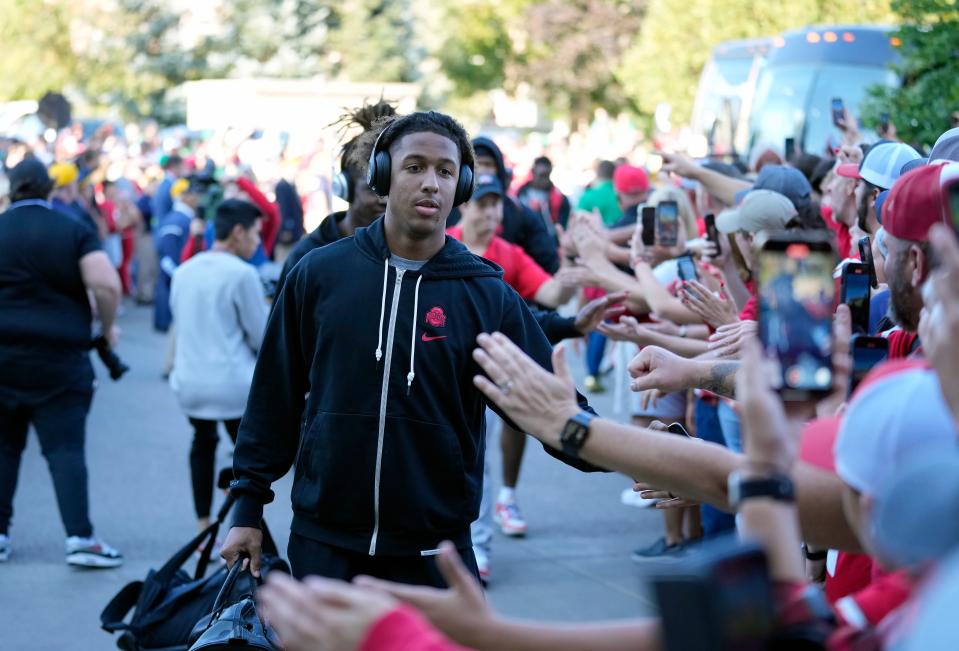 Sep 23, 2023; South Bend, Indiana, USA; Ohio State Buckeyes wide receiver Bryson Rodgers (86) walks into the stadium with the team before their game against Notre Dame Fighting Irish at Notre Dame Stadium.