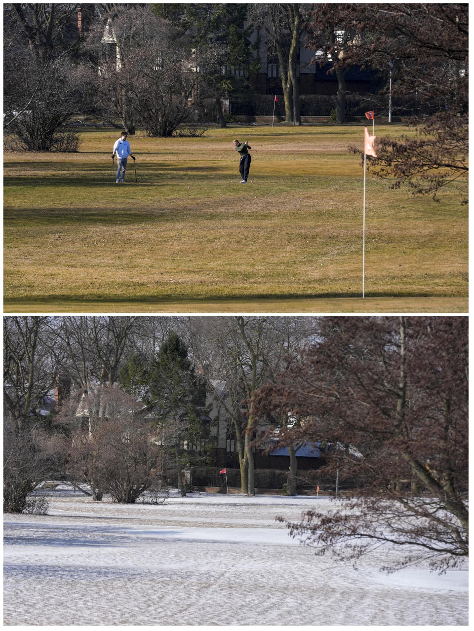 This combination of photos shows the 50 degree change in temperature in Milwaukee over a 24 hour period. The top photo shows people enoying unseasonably mild temperatures above 70 degrees At Lake Park golf course on Tuesday, Feb. 27, 2024. Below shows the course covered in snow on Wednesday, Feb 28. (AP Photo/Morry Gash)