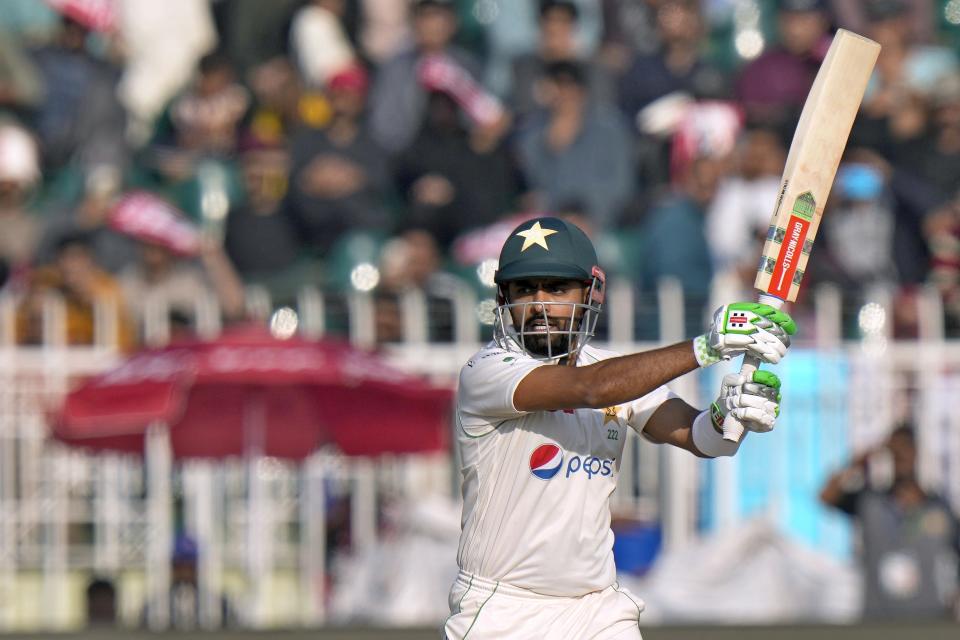 Pakistan's Babar Azam bats during the third day of the first test cricket match between Pakistan and England, in Rawalpindi, Pakistan, Saturday, Dec. 3, 2022. (AP Photo/Anjum Naveed)