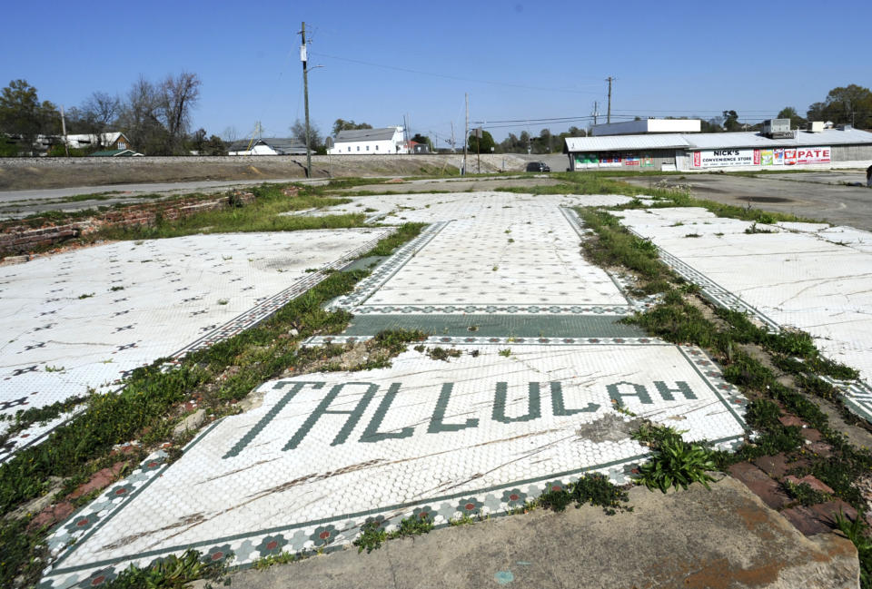 The entrance to the old Tallulah Hotel in Cordova, Ala., is shown on Monday, April 5, 2021. A tornado wiped out much of the city on April 27, 2011. Ten years haven't fill the voids created by a massive tornado outbreak that killed more than 320 people in six states a decade ago. (AP Photo/Jay Reeves