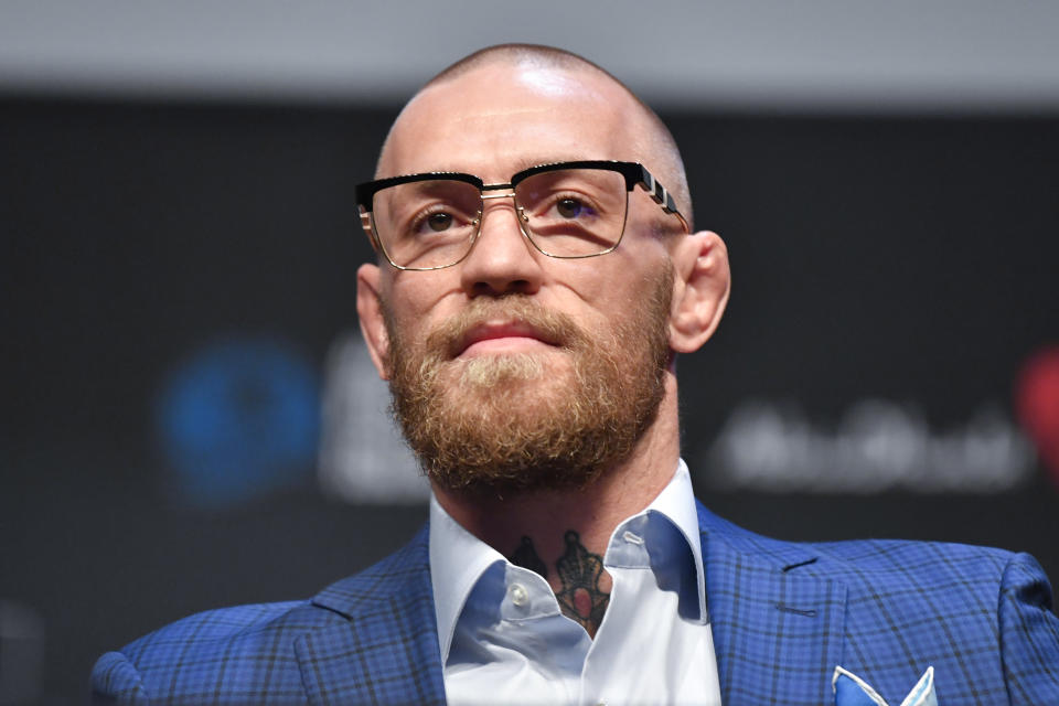 ABU DHABI, UNITED ARAB EMIRATES - JANUARY 21:  Conor McGregor interacts with media during the UFC 257 Press Conference inside Etihad Arena on UFC Fight Island on January 20, 2021 in Yas Island, Abu Dhabi, United Arab Emirates. (Photo by Chris Unger/Zuffa LLC via Getty Images)