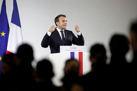 French President Emmanuel Macron delivers a speech to police officers and gendarmes in the Gendarmerie headquarters in Calais, northern France, January 16, 2018. REUTERS/Benoit Tessier