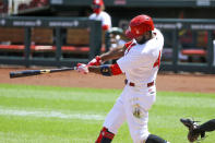 St. Louis Cardinals' Dexter Fowler hits two-run double during the second inning of a baseball game against the Cleveland Indians, Sunday, Aug. 30, 2020, in St. Louis. (AP Photo/Scott Kane)
