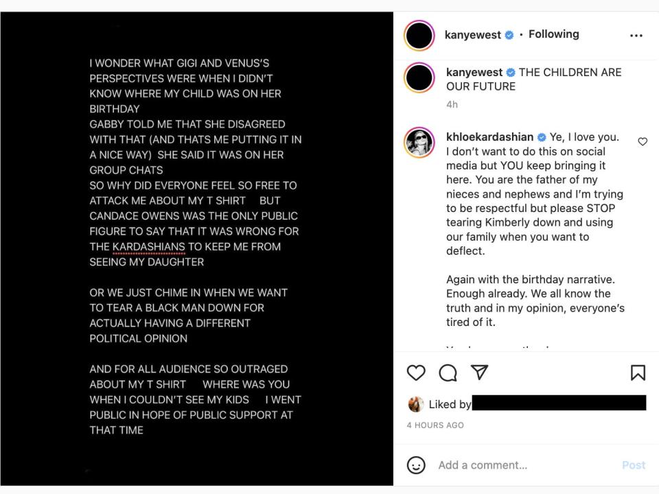 Kanye West Instagram post and Khloe Kardashian comment