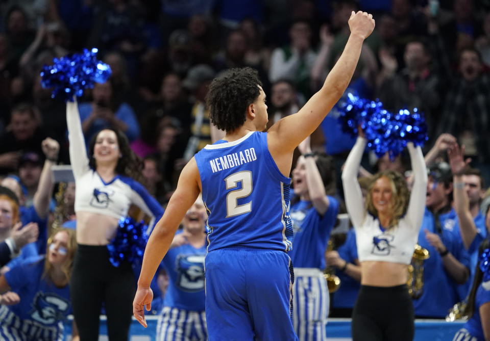 Creighton guard Ryan Nembhard (2) gestures as time runs out in the second half of a second-round college basketball game against Baylor in the men's NCAA Tournament, Sunday, March 19, 2023, in Denver. (AP Photo/John Leyba)