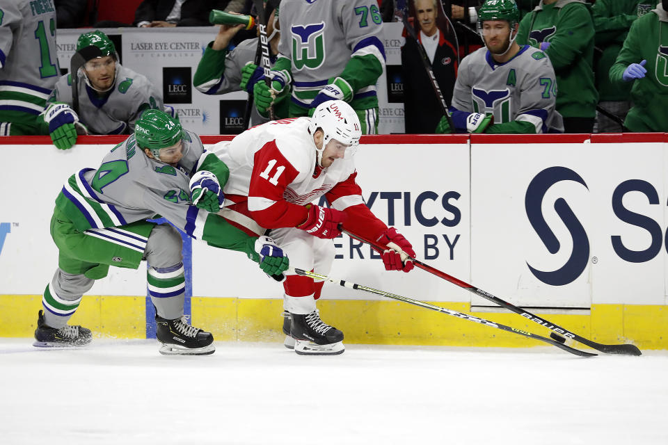 Detroit Red Wings' Filip Zadina (11) tries to keep the puck away from Carolina Hurricanes' Jake Bean (24) during the first eriod of an NHL hockey game in Raleigh, N.C., Saturday, April 10, 2021. (AP Photo/Karl B DeBlaker)