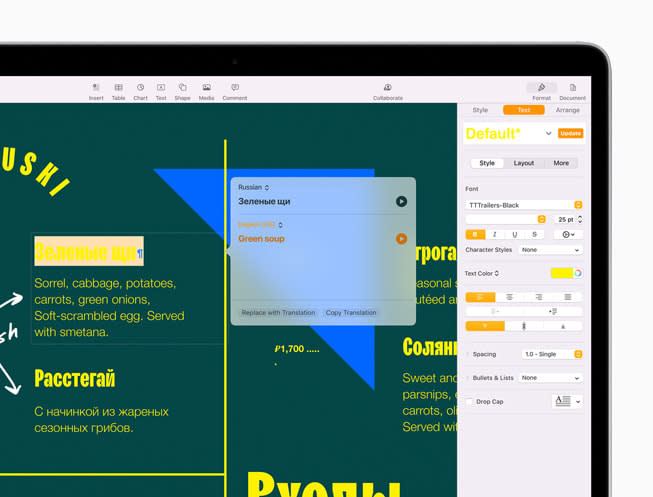 The translation feature on Apple's Keynote app on macOS Monterey