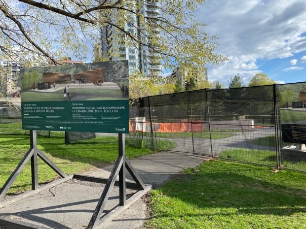 The Memorial to the Victims of Communism, located in the Garden of the Provinces and Territories on Wellington Street in Ottawa, was supposed to be finished in 2018. It remained under construction in April 2021, and the original budget of $3.5 million has more than doubled. (Kimberley Molina/CBC - image credit)