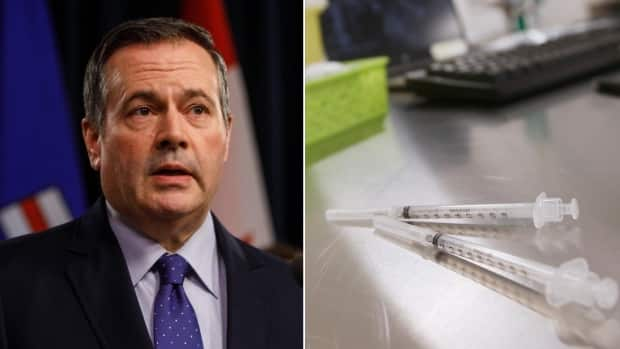 Alberta Premier Jason Kenney updated the rollout of COVID-19 vaccine at pharmacies across the province on Thursday. (Jason Franson/John Woods/The Canadian Press - image credit)