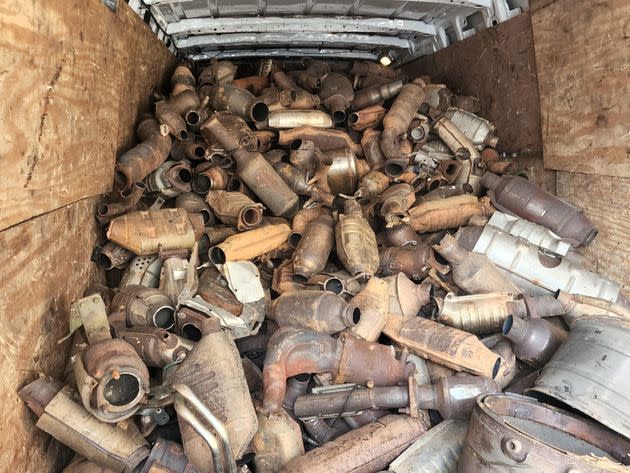 Mineola, N.Y.: A van with seized catalytic converter thefts is parked outside police headquarters in Mineola, New York, on Jan. 30, 2023. (Photo by James Carbone/Newsday RM via Getty Images)