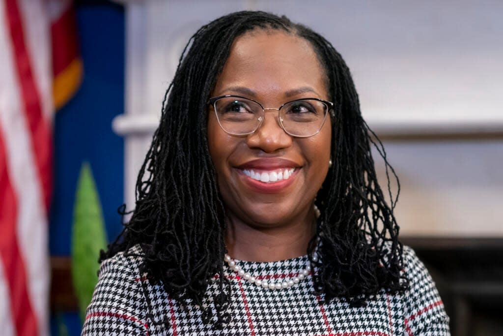 Supreme Court nominee Ketanji Brown Jackson smiles during a meeting with Sen. Tommy Tuberville, R-Ala., in his office at the Capitol in Washington, Tuesday, March 29, 2022. (AP Photo/J. Scott Applewhite)